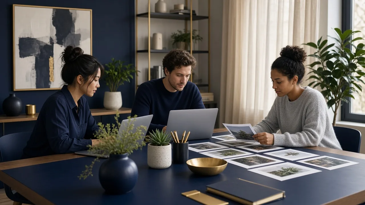 A small business owner at a counter working through how a small team keeps social posts consistent with ai