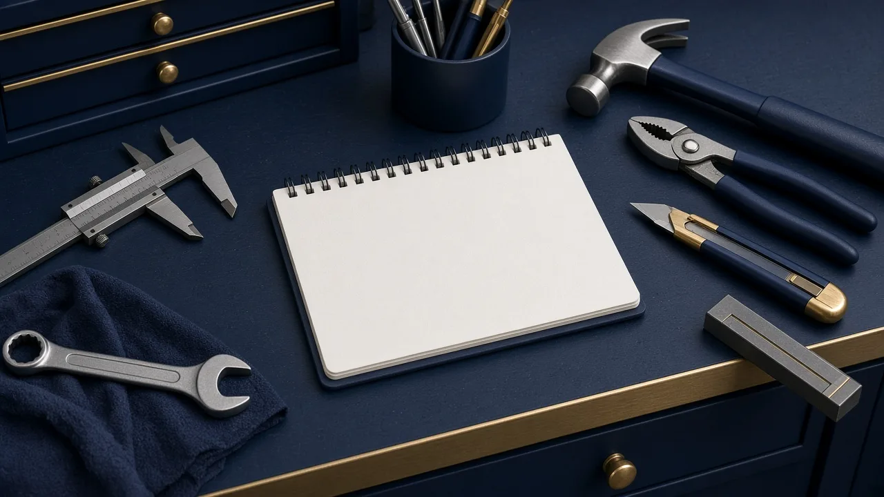 Tools on a workbench arranged for the steps in AI strategies that save a small business owner time each week