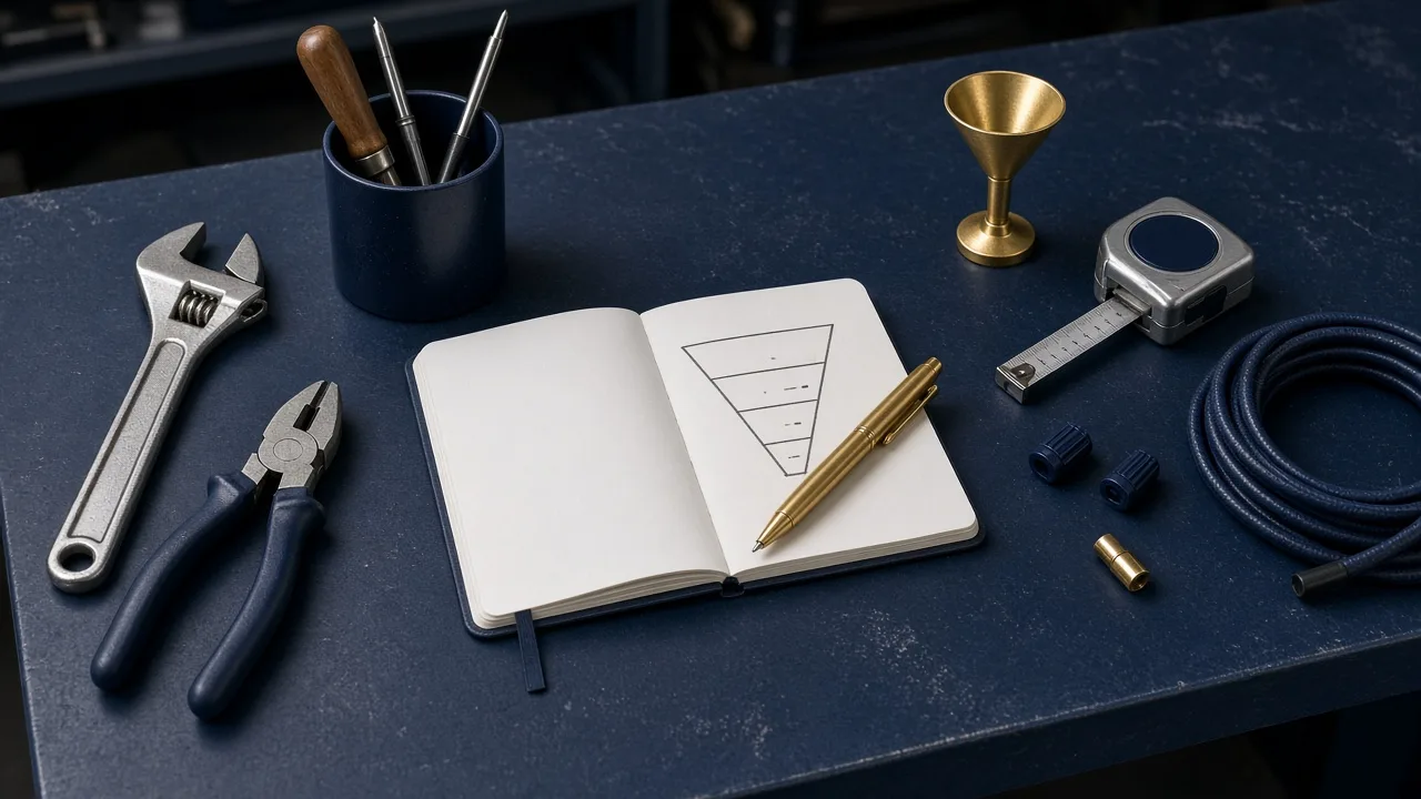 Tools on a workbench arranged for the steps in How a Local Service Company Builds a Lead Funnel